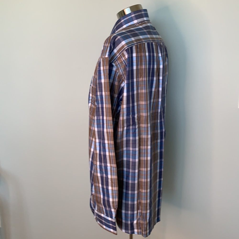 DANIEL CREMIEUX NWT MEN’S BLUE WHITE BROWN PLAID LONG SLEEVE BUTTON FRONT LARGE - Picture 3 of 6